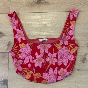 Zara Red and Pink Floral Cropped Top Medium